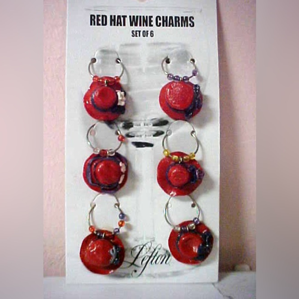 New set of 12 wine charms red hat purple trim retired